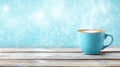 Steaming Mug of Coffee on a Rustic Wooden Table With a Sparkling Winter Snow Background Royalty Free Stock Photo