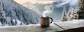 Steaming mug on a frosty ledge overlooking a snowy winter landscape. Hot beverage on a rustic wooden ledge, breathtaking