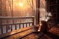 steaming mug of hot cocoa on cabin porch