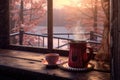 steaming mug of hot cocoa on cabin porch