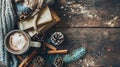 Cozy Winter-Themed Table with Hot Cocoa and Books Royalty Free Stock Photo