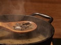 Steaming mushroom soup in a cast iron pot Royalty Free Stock Photo