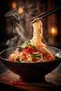 Steaming Noodles in Dark Bowl with Chopsticks Royalty Free Stock Photo