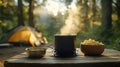 Steaming pasta by forest campfire with tent and morning sunlight Royalty Free Stock Photo