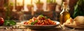 Steaming plate of pasta with fresh ingredients in a warm, homey kitchen setting Royalty Free Stock Photo