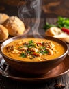 A steaming plate of shurbat, a traditional soup, is served with a piece of fresh bread Royalty Free Stock Photo