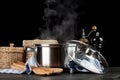 Steaming pot on black background Royalty Free Stock Photo