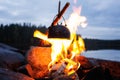 Steaming pot on bonfire. Cozy camping place in wild near the lake. Royalty Free Stock Photo