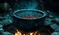 Steaming pot on fire with small objects, used for cooking in nature Royalty Free Stock Photo