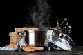 Steaming pot on black background Royalty Free Stock Photo
