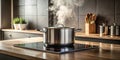 A steaming pot sits on a modern induction cooktop in a sleek kitchen. Generative AI