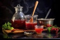 steaming pot, stirring spoon, and jars for jelly prep
