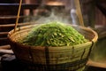 steaming process of green tea leaves in a large bamboo basket