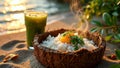 Steaming rice and egg on beach sand with green drink at sunset Royalty Free Stock Photo