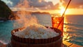 Steaming rice and iced drink with sunset ocean view and scenic horizon Royalty Free Stock Photo
