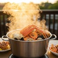 Steaming Seafood Boil on Deck at Sunset Royalty Free Stock Photo