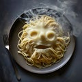 Steaming spaghetti dish with a funny melted cheese face Royalty Free Stock Photo