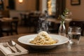 Steaming spaghetti with Parmesan cheese served on a wooden table Royalty Free Stock Photo