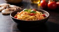 Steaming Spaghetti with Shrimp, Cherry Tomatoes, and Basil Royalty Free Stock Photo