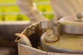 steaming tea kettle of local tea stall of india. steam or vapour coming out of aluminium tea pot