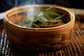 steaming tea leaves in bamboo basket over hot water Royalty Free Stock Photo