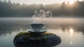 Steaming teacup resting on rock in serene lake at sunrise Royalty Free Stock Photo