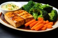 steaming teriyaki tofu steak served beside mixed vegetables