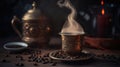 Steaming turkish coffee with coffee beans, tasty, close shot. Generative AI