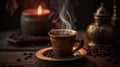 Steaming turkish coffee with coffee beans, tasty, close shot. Generative AI