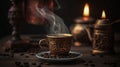 Steaming turkish coffee with coffee beans, tasty, close shot. Generative AI