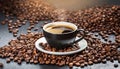 A hot cup of coffee surrounded by coffee beans. Royalty Free Stock Photo