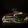 Steaming vegetable soup and ingredients on a rustic wooden tabl