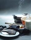 Steaming waffle iron making waffle, bowl of batter Royalty Free Stock Photo