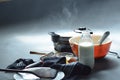 Steaming waffle iron making waffle, bowl of batter Royalty Free Stock Photo