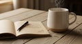 Steaming white ceramic mug beside an open journal on a wooden table. The journal contains handwritte Royalty Free Stock Photo
