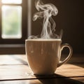 A steaming white ceramic mug sits Royalty Free Stock Photo