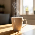A steaming white ceramic mug sits Royalty Free Stock Photo