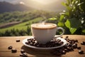 Steaming white cup of coffee in rustic setting with coffee beans scattered around it Royalty Free Stock Photo