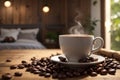 Steaming white cup of coffee in rustic setting with coffee beans scattered around it Royalty Free Stock Photo