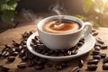 Steaming white cup of coffee in rustic setting with coffee beans scattered around it Royalty Free Stock Photo