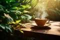 Steaming white cup of fresh coffee on a wooden table on tropical vegetation background. Sunny summer day at coffee plantation