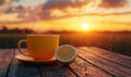 Steaming yellow cup of tea with lemon slice at sunset over a wooden table Royalty Free Stock Photo
