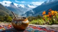 Steaming Yerba Mate in Clay Bowl, Mountain View Royalty Free Stock Photo