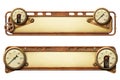 Steampunk aged metal banners with copper pipes and steam gauges