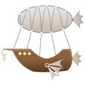 Steampunk airship or dirigible in cartoon style. Air vintage transport, flat vector illustration Royalty Free Stock Photo