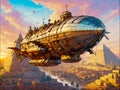 Steampunk Airship over Giza Pyramids, AI Generative