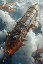 Steampunk Airship Soaring Above Clouds Fantastical Copper Zeppelin with Retro Futuristic Design in a Surreal Sky