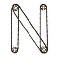 Steampunk font. Letter N from chain gear elements, tires, reflectors
