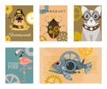 Steampunk animal set of cards vector illustrations. Fantastic cartoon dog, cat, metal fish, flamingo pink in style of