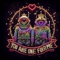 steampunk astronaut king and queen in love neon sign valentine illustration concept rusty background